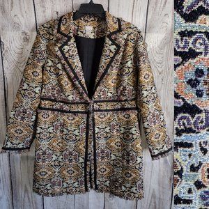 Chico's | Long-line Boho Metallic Shimmer Thread Fringe Tapestry Coat